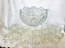 LE Smith Glass Co. Large Punch Bowl Set With glass Ladle And 23 Cups