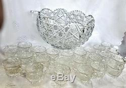 LE Smith Glass Co. Large Punch Bowl Set With glass Ladle And 23 Cups