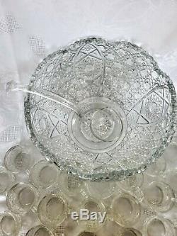 LE Smith Glass Co. Large Punch Bowl Set With glass Ladle And 23 Cups