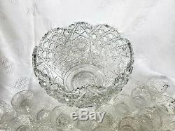 LE Smith Glass Co. Large Punch Bowl Set With glass Ladle And 23 Cups