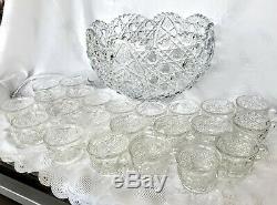 LE Smith Glass Co. Large Punch Bowl Set With glass Ladle And 23 Cups