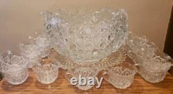 LE Smith Glass DAISY & BUTTON Punch Bowl Set Bowl, 19 Cups, Laddle, Underplate