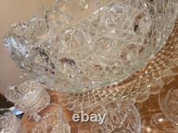 LE Smith Glass DAISY & BUTTON Punch Bowl Set Bowl, 19 Cups, Laddle, Underplate