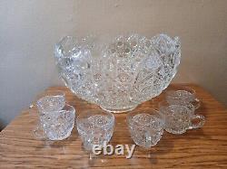 LE Smith Glass DAISY & BUTTON Punch Bowl Set Bowl With 6 Cups