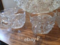 LE Smith Glass DAISY & BUTTON Punch Bowl Set Bowl With 6 Cups