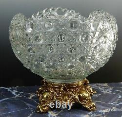 LE Smith Glass Daisy & Button Punch Bowl WithOrnate Gold Metal Base 10 Punch Cups
