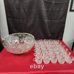 LE Smith Punch Bowl Clear Glass and 30 Glass Cups Pinwheel Star Pattern