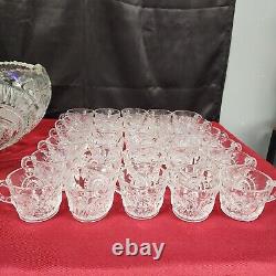 LE Smith Punch Bowl Clear Glass and 30 Glass Cups Pinwheel Star Pattern