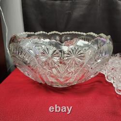 LE Smith Punch Bowl Clear Glass and 30 Glass Cups Pinwheel Star Pattern