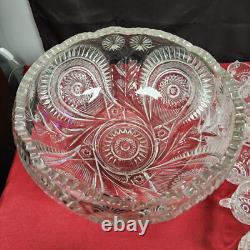 LE Smith Punch Bowl Clear Glass and 30 Glass Cups Pinwheel Star Pattern