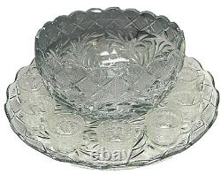 LE Smith Punch Bowl, Plate, 12 Cups Holiday Pattern 14 Pc Pressed Glass L2607