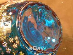 LG Victorian Moser Bohemian Enamel Blue Coin Spot Dot Glass Cider Punch Bowl Set