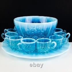 LG Wright Blue Opalescent Punch 14pc Set, Vintage 1950's Cups Bowl Plate, Fenton