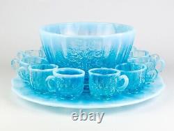 LG Wright Blue Opalescent Punch 14pc Set, Vintage 1950's Cups Bowl Plate, Fenton