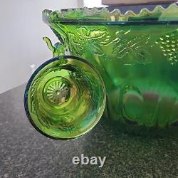 LIME IRIDESCENT CarnivalGlass Indiana GrapeHarvest Punch BowlSET see photos