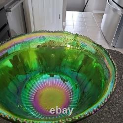 LIME IRIDESCENT CarnivalGlass Indiana GrapeHarvest Punch BowlSET see photos
