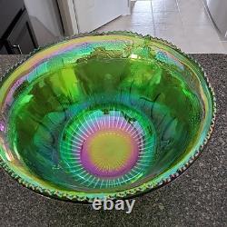 LIME IRIDESCENT CarnivalGlass Indiana GrapeHarvest Punch BowlSET see photos