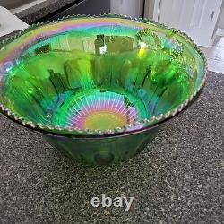 LIME IRIDESCENT CarnivalGlass Indiana GrapeHarvest Punch BowlSET see photos