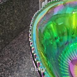 LIME IRIDESCENT CarnivalGlass Indiana GrapeHarvest Punch BowlSET see photos