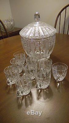 Large 10 x 12 covered PUNCH Wassailing BOWL and 9 punch cups cut glass