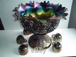 Large 16 1/4 Northwood Carnival Glass Grape & Cable Punch Bowl w Stand & 5 Cups