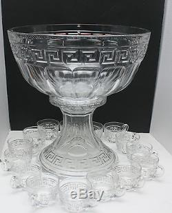 Large Antique Heisey Glass Greek key punch bowl set with 15 cups