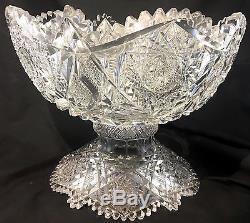Large Antique Signed Libbey Art Glass ABP Cut Glass Punch Bowl W Stand / Base