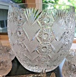Large Ceskci Queen Anne Lace Crystal Punch Bowl w Tray, Ladle Glasses, Stirrers