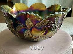 Large Dugan Amethyst Carnival Glass Many Fruits Pattern Punch Bowl