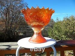 Large Fenton Carnival Glass Wreath Of Roses Punch Bowl & Base Dark Marigold