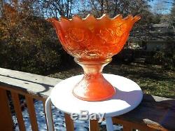 Large Fenton Carnival Glass Wreath Of Roses Punch Bowl & Base Dark Marigold