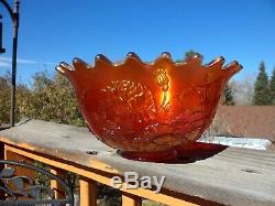 Large Fenton Carnival Glass Wreath Of Roses Punch Bowl & Base Dark Marigold