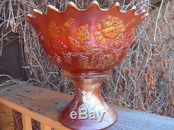 Large Fenton Carnival Glass Wreath Of Roses Punch Bowl & Base Dark Marigold