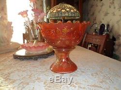 Large Fenton Carnival Glass Wreath Of Roses Punch Bowl & Base Dark Marigold