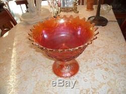 Large Fenton Carnival Glass Wreath Of Roses Punch Bowl & Base Dark Marigold