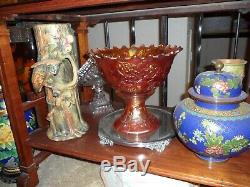 Large Fenton Carnival Glass Wreath Of Roses Punch Bowl & Base Dark Marigold