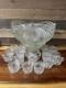 Large McKee Etched Glass Punch Bowl With Stand And 18 Cups