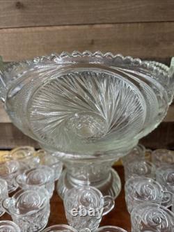 Large McKee Etched Glass Punch Bowl With Stand And 18 Cups
