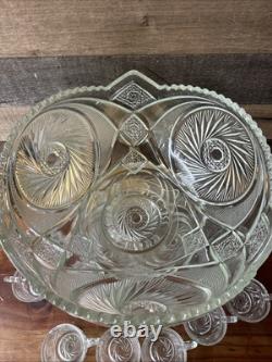 Large McKee Etched Glass Punch Bowl With Stand And 18 Cups