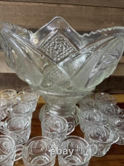 Large McKee Etched Glass Punch Bowl With Stand And 18 Cups