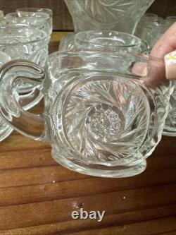 Large McKee Etched Glass Punch Bowl With Stand And 18 Cups