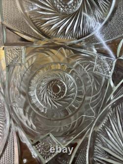 Large McKee Etched Glass Punch Bowl With Stand And 18 Cups