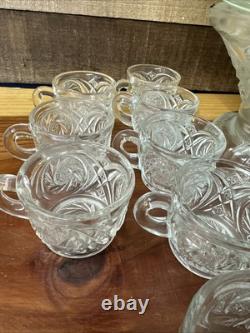 Large McKee Etched Glass Punch Bowl With Stand And 18 Cups