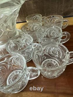 Large McKee Etched Glass Punch Bowl With Stand And 18 Cups