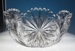 Large Signed LIBBEY Punch Bowl 12 Star & Feather Antique ABP Cut Glass American