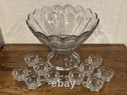 Large Vintage Heisey Pedestal Punch Bowl Set With 10 Glasses Signed