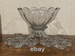 Large Vintage Heisey Pedestal Punch Bowl Set With 10 Glasses Signed