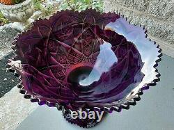 Large Vintage Imperial Glass Whirling Star Amethyst Glass Punch Bowl with Stand