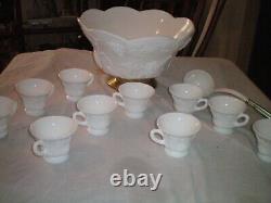 Large Vintage Milk Glass Punch Bowl 10 Cups Grape Vine Patterns