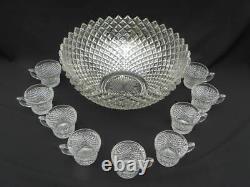 Large Vintage Westmoreland Glass English Hobnail Punch Bowl and 9 Cups